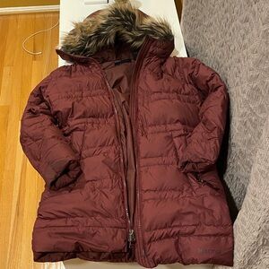 Marmot Girl’s Burgandy Goose Down Puffer Coat with Detachable Faux Fur Hood